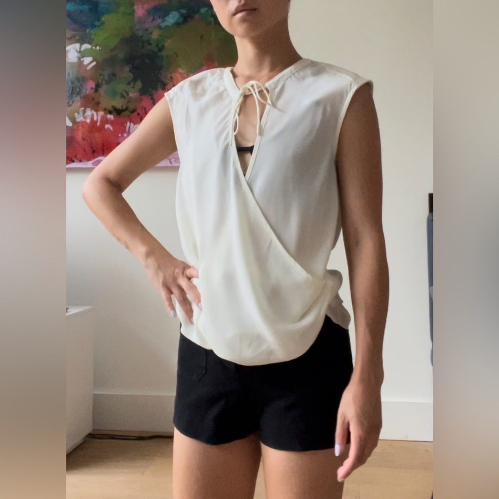 Alessandro Miele sheer cream shirt with leather shoulders, size small, like new